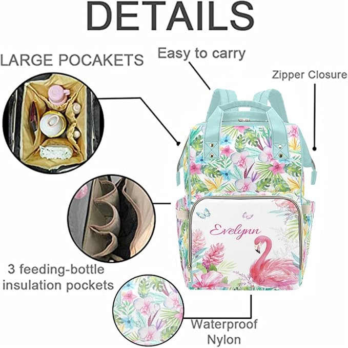 Custom Diaper Bag Personalized Flamingo Casual Nursing Mommy Daypack with Insulated Pocket Customized Cute Diaper Bag Backpack with Name or Holiday Travel