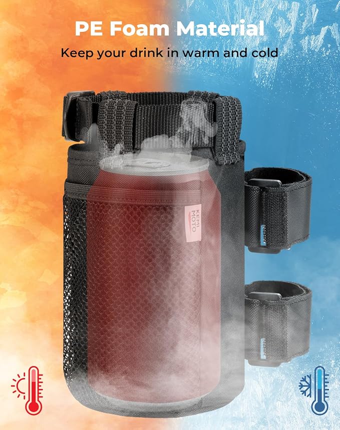 KEMIMOTO 1 Pack Cup Holder, Roll Bar Cup Holder for UTVs Wheelchair Scooter Walker Rollator Bike Golf Cart Boat with Mesh Pockets and Sticky Straps