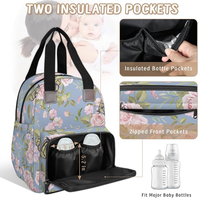 Pink Rose Butterfly Diaper Bag Backpack-Multi-functional mother and baby bag Thermal compartment USB charging port Large capacity Multi-pocket organizer Stroller can be hung Travel shopping