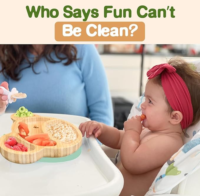 Bamboo Plates for Kids - Baby & Toddler Plates with Suction for Feeding & Weaning, Eco-Friendly Bear Design Promotes Self-Feeding, Ideal for Busy Moms & Dads, Sturdy & BPA-Free (Mint)