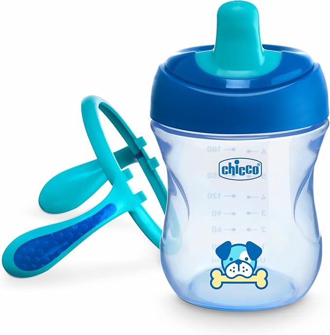 Chicco 7oz. Semi-Soft Trainer with Bite-Resistant Spout and Spill-Free Lid | Removable, Non-Slip Handles | Top-Rack Dishwasher Safe | Easy to Hold Ergonomic Indents | Blue| 6+ months (Pack of 2)