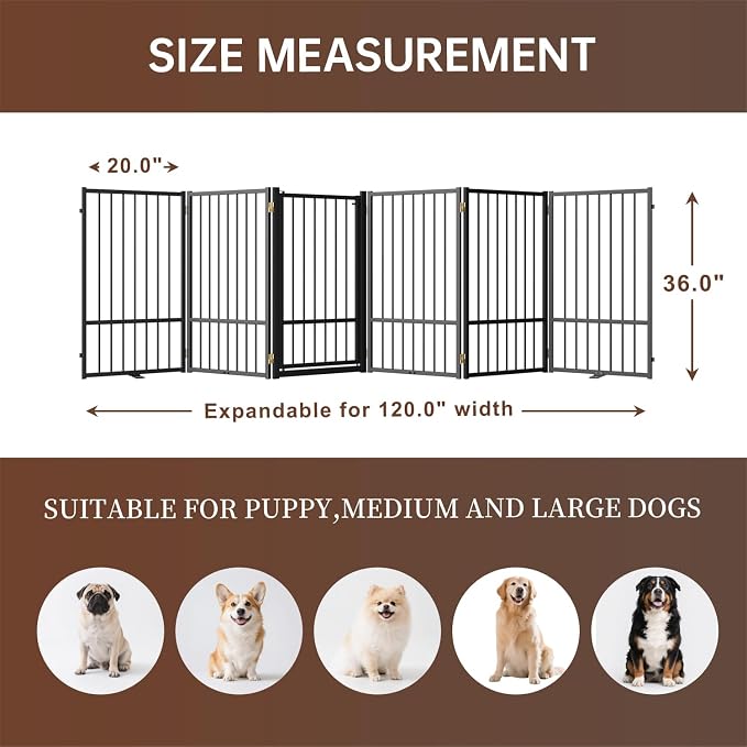 6 Panels Full Metal Freestanding Dog Gates with Door, 120” W x 36” H Folding Pet Gate Fence with Support Feet for Indoor,Stairs, Hallways and Doorways(Black)