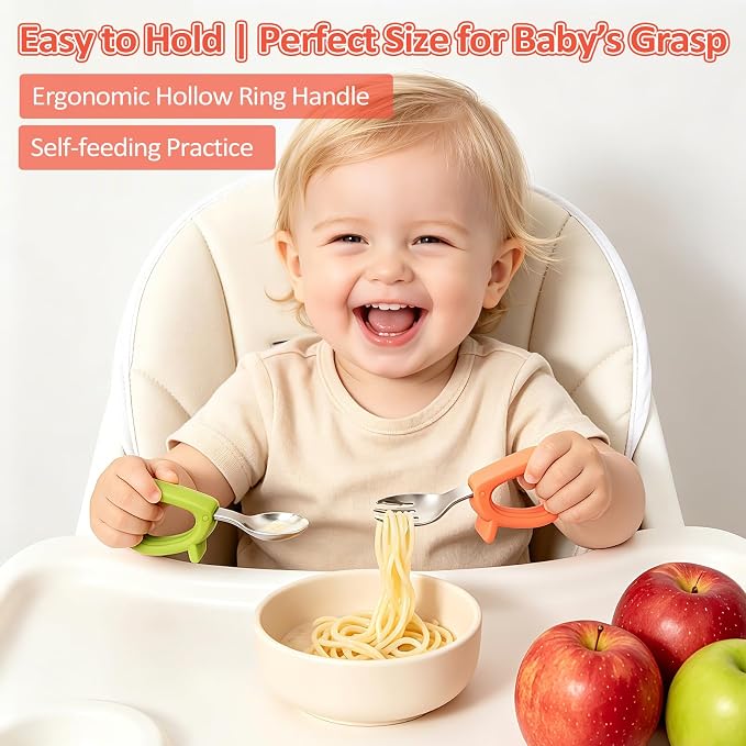 Toddler Utensils Set, 4PCS Stainless Steel Forks & Spoon with Silicone Handle, Self Feeding Training Baby Spoons, BPA-Free Anti-Choke, with 2 PCS Portable Travel Cases, Dishwasher Safe