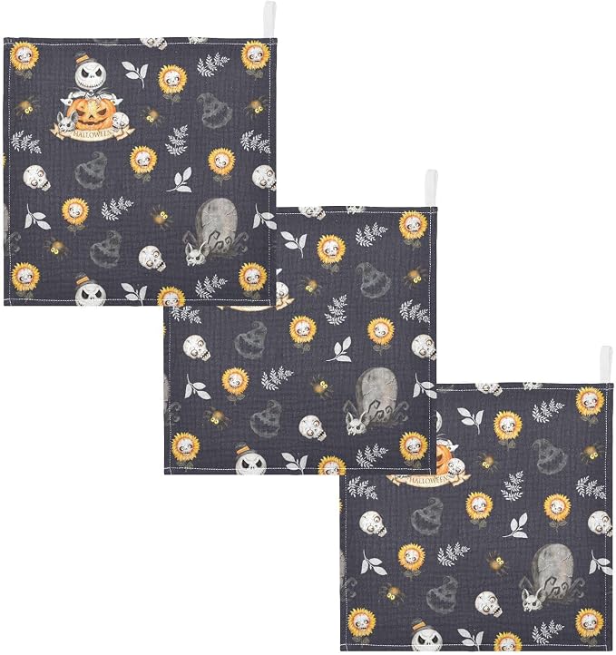vvfelixl Baby Muslin Washcloths Halloween Skulls Horror Monsters Baby Burp Cloths Cotton Baby Face Towel for Newborn Infants Boys Girls Soft and Absorbent 11.8 X 11.8 in, 3 Pack Black