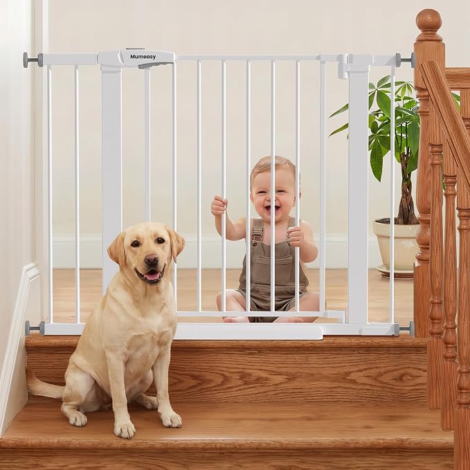 Mumeasy 29.7-40.6" Baby Gate for Stairs, Auto Close Dog Gate for Doorways, Pressure Mounted No Drill Pet Gate with Easy Walk Thru Door, Double Lock, White