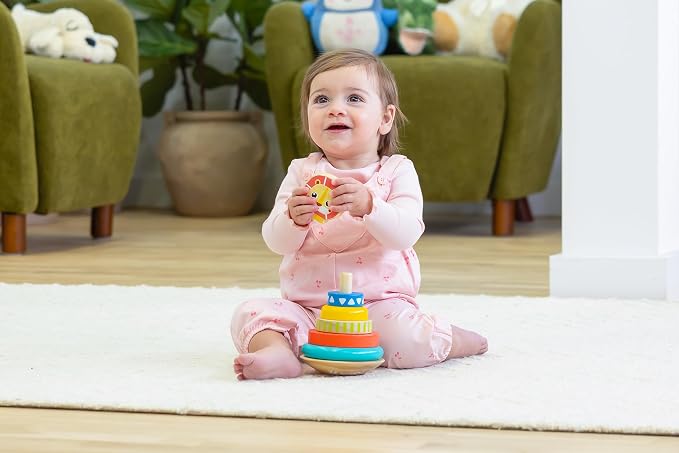 Jasey's Toy Chest Wooden Lion Stacking Rings | 7-Piece Wooden Stacker Toy with Colorful Rings & Lion Topper | Educational Toy for Toddlers Ages 12+ Months