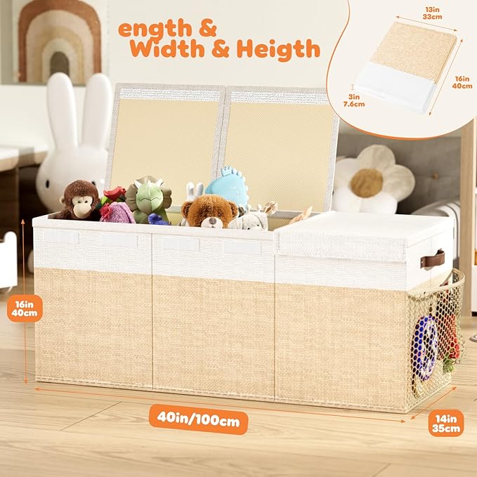 Dayacoco Extra Large Toy Box Chest with Lids, Collapsible Sturdy Kids Toy Storage Organizer Boxes for Boys Girls, Collapsible Sturdy Toys Chest Storage Organizer Bin Basket,40"X14"X16", Beige & White