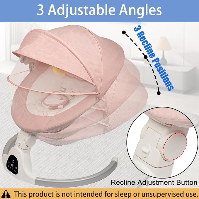 Electric Baby Swing for Infants, 5-Speed Adjustable Swing with Bluetooth Music, Timer, 5-Point Harness and Stable Base for Supervised Daytime Use (Pink)