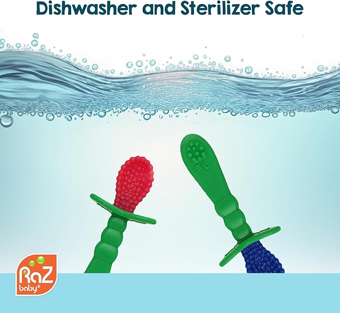 RaZbaby RaZberry Spoon (2-Pack), Multi-Textured Silicone for Grip & Comfort During Feeding ??Perfect for Self-Feeding Training ??BPA-Free, Easy to Hold, Dishwasher & Sterilizer Safe for Easy Cleaning