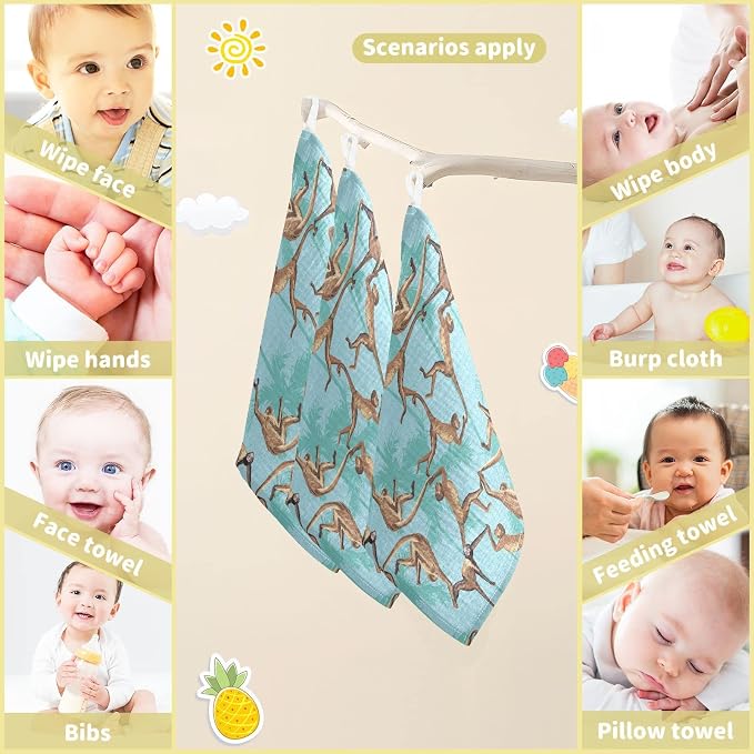 vvfelixl Cotton Monkeys Jungle Baby Muslin Washcloths Soft Face Towel for Newborns, 11.8 X 11.8 Inch, 5 Pack Blue