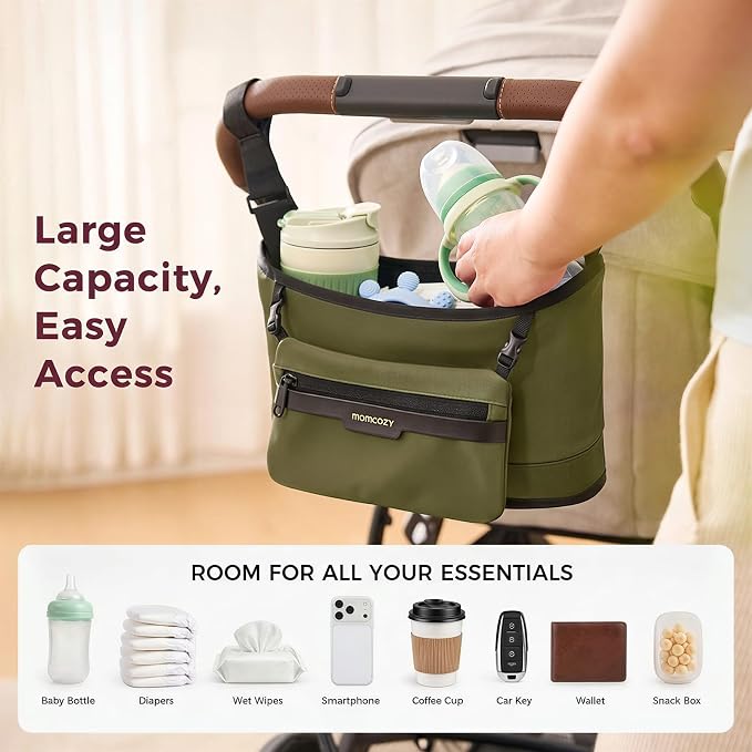 Momcozy Universal Stroller Organizer, Slim Stroller Caddy with 2 Insulated Cup Holders, Non-Slip Silicone Straps, Detachable Mini Pouch, Dense-Weave Parent Console for UPPAbaby, Doona, Graco & More