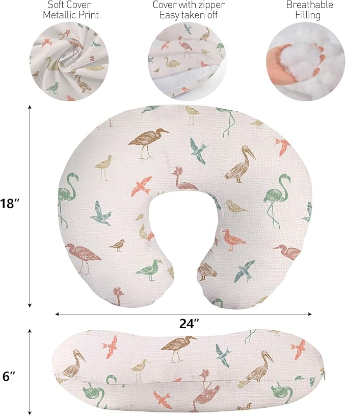 Little Grape Land Nursing Pillow Soft 100% Cotton Breastfeeding Pillow with Breathable Muslin Removable Cover, Wetland Wings Breast Feeding Pillows for Babies 0-12 Months with Protective Zipper