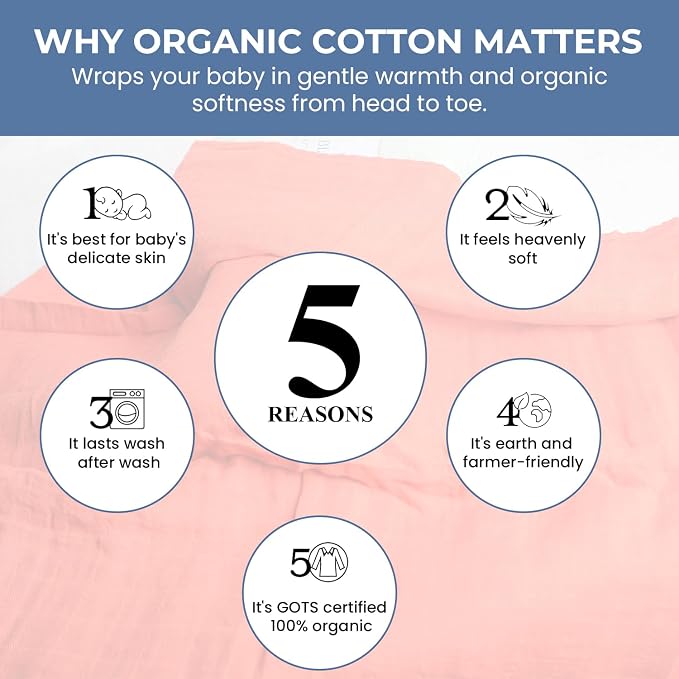 Organic Muslin Swaddle Blankets, 100% Organic Cotton, Baby Wrap for Boys and Girls, Soft Breathable and Skin-Friendly, Newborn Blankets, Baby Essentials, Registry&Gift, 3-Pack, Large 47 x 47 inches