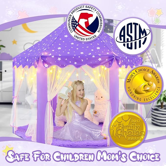 Princess Tent for Girls Age 4-7 with Star Lights, Kids Play Tent for Girls Indoor, Castle Playhouse Tent for Toddlers, Purple Princess Toy Tent 55x53 inch