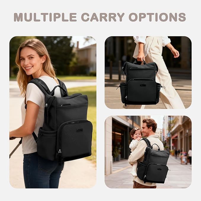 VONAL Neoprene Diaper Bag Backpack with Changing Pad, 33L Large Capacity Neoprene Backpack Baby Diaper Bag with Insulated Pockets, Travel Diaper Backpack Baby with 12 Pockets for Mom & Dad, Black