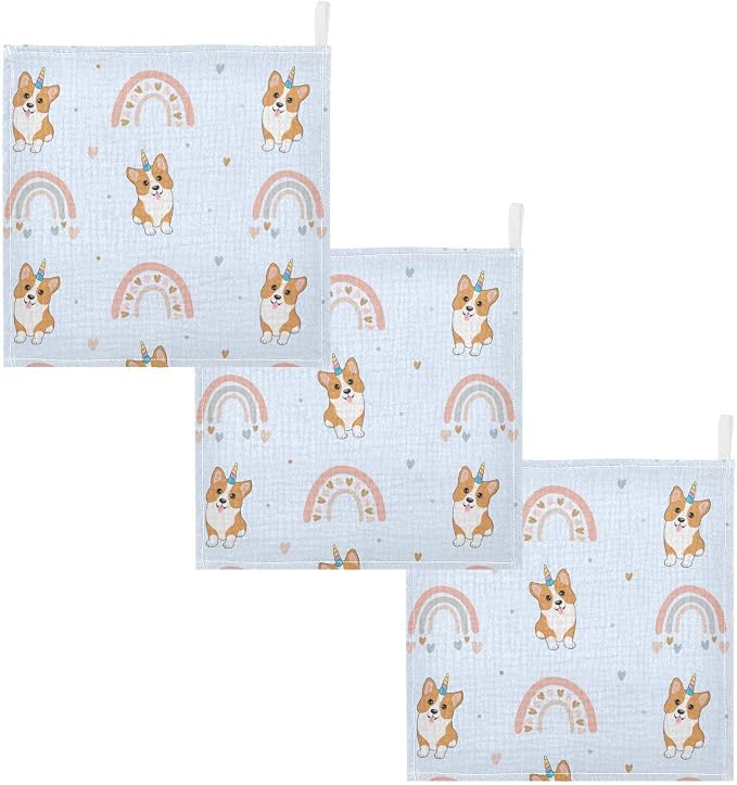 vvfelixl Baby Muslin Washcloths Corgi Hearts Rainbows Baby Burp Cloths Cotton Baby Face Towel for Newborn Infants Boys Girls Soft and Absorbent 11.8 X 11.8 in, 3 Pack
