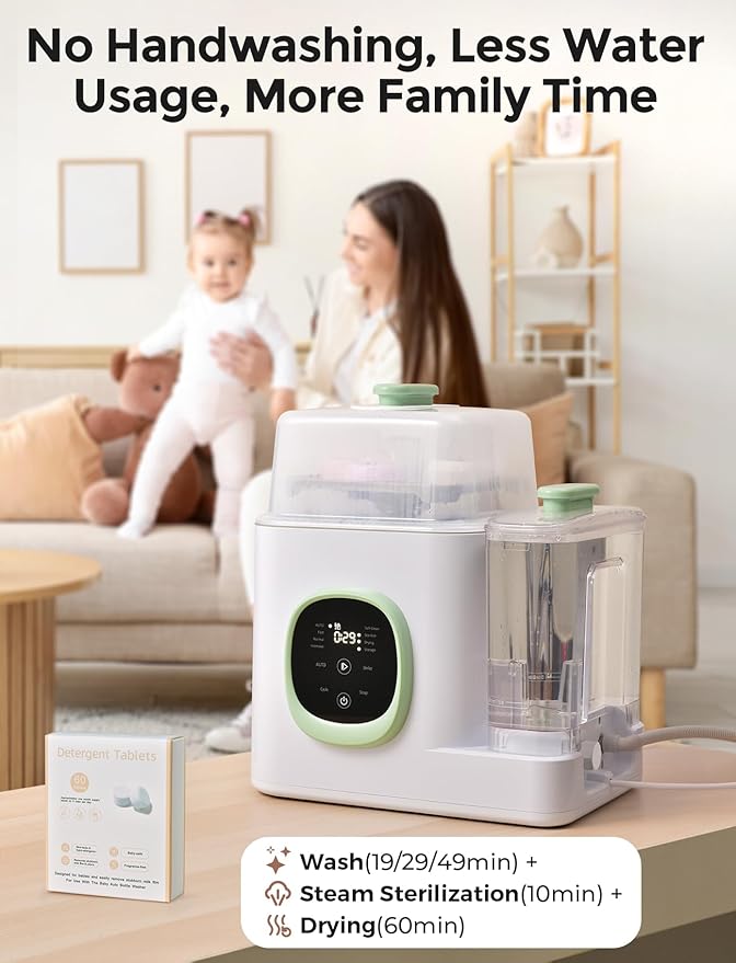 Xaproo Bottle Washer, Baby Bottle Dryer, All-in-One Cleaning Machine for Bottles, Pump Parts & Baby Essentials, 19 Min Rapid Wash & Auto Mode, 60 Detergent Tablets, Time-Saving