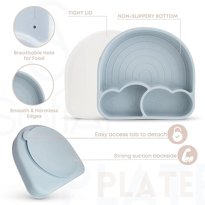 BPA-Free Non-Toxic Silicone Baby Feeding Set ??Suction Plate, Bowl, Bib & Cup ??11-Piece Baby Led Weaning Set for Ages 6-18 Months ??Eco Gift Bag (Dusty Blue)