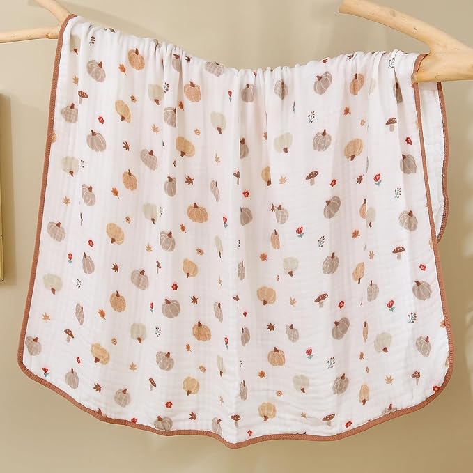Ultra Soft 6-Layer Muslin Baby Blanket 43"x43" Happy Fall Pumpkin Breathable Lightweight Muslin Cotton Swaddles Bed Blankets for Toddlers Babies Newborn Birthday Gifts All Seasons
