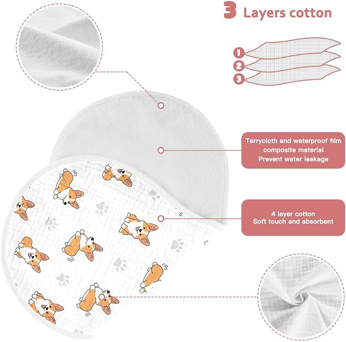 2 Pack Muslin Burp Cloths Cute Corgi Dogs White Cotton Baby Burp Cloths Extra Absorbent and Soft Thick Burping Cloth for Newborn Boys Girls 22x11 Inch