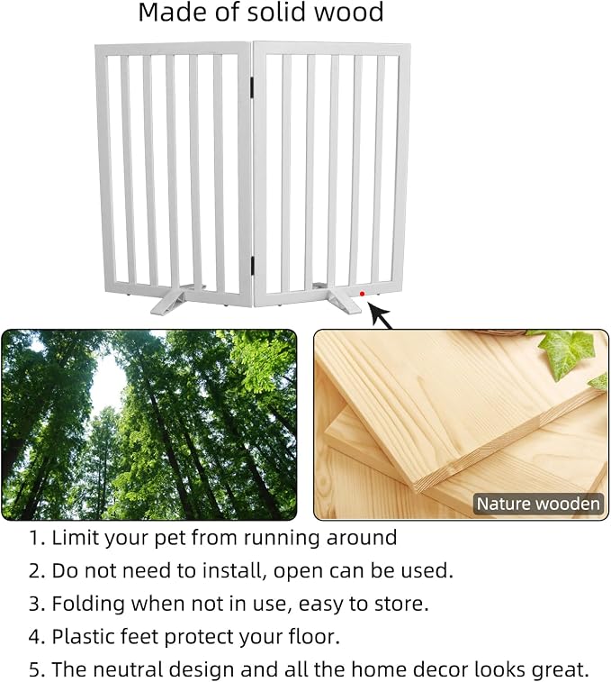 Dog Gate Indoor, Freestanding Dog Fence for The House, Doorways, Hallways,or Stairs,Pet Gate Foldable Wooden,Expandable 32" Height 2 Panels,White