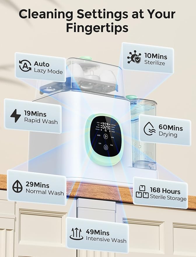 Xaproo Bottle Washer, Baby Bottle Dryer, All-in-One Cleaning Machine for Bottles, Pump Parts & Baby Essentials, 19 Min Rapid Wash & Auto Mode, 60 Detergent Tablets, Time-Saving