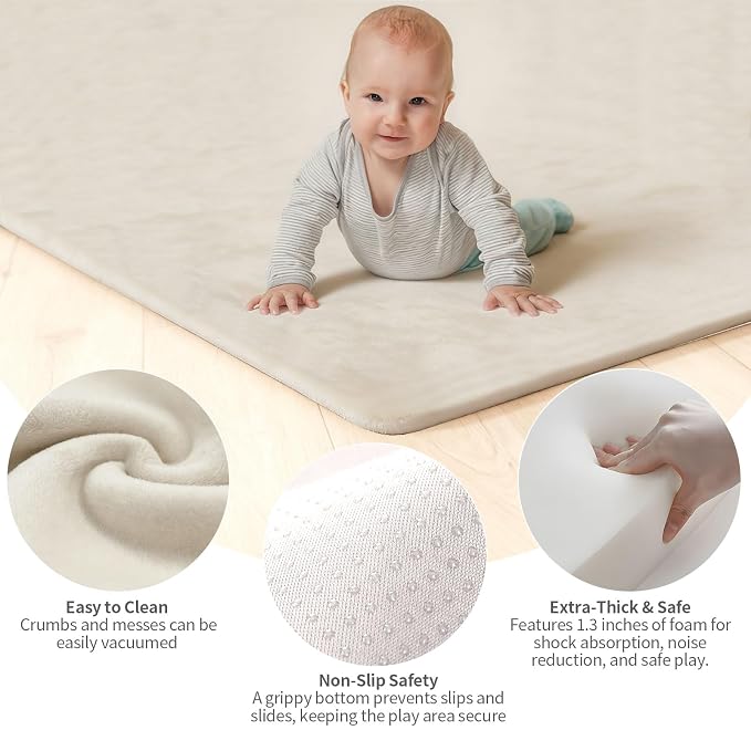 Velvet Baby Play Mat for Floor, 1.3" Thick Elasti-Foam 50"×50" Playpen Mat with Removable & Washable Velvet Cover for Toddler, Infant,Kids, Non-Slip Crawling Mat for Tummy Time (Beige)