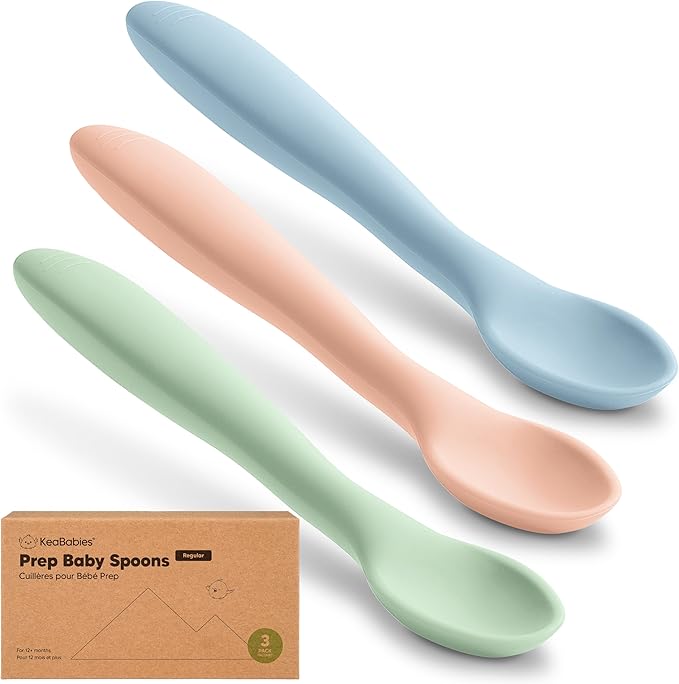 KeaBabies Silicone Baby Spoons, Self Feeding 6-12 months - 3-Pack Baby Weaning Eating Utensils, Toddler First Food Training Spoon, Infant, Kids Feeding Supplies Essential Set, Dishwasher-safe (Mellow)