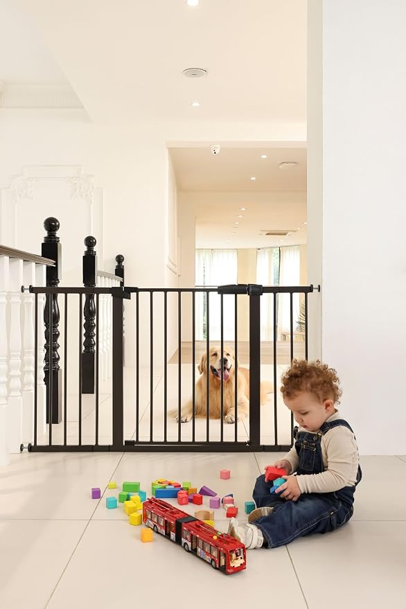 53.46"-55.63" Baby and Pet Safety Gate, 30" Tall Metal Walk-Thru Gate for Doorways & Stairs, Easy One-Hand Open, Dual Lock, Extensions & Wall Mounts Included (Brown, 29"-54" W x 30.5“H)
