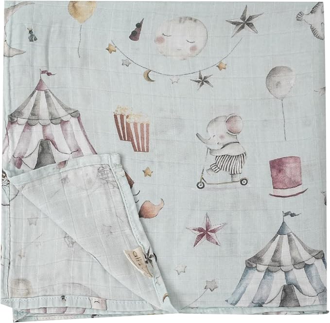 Ali+Oli Muslin Swaddle Blanket for Baby (Circus) Large 47" x 47" Soft Rayon Made from Bamboo & Organic Cotton, Machine Washable Receiving Blanket Wrap for Newborn to Toddler
