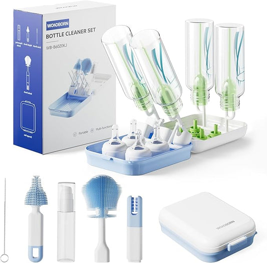 Bottle Brush Set, 9-in-1 Bottle Cleaner Kit, Includes Bent Neck Bottle Brush, Nipple Cleaning Brush, Straw Brush, Soap Dispenser, Pry Tool, Storage Case & Drying Rack, Baby Travel Essentials