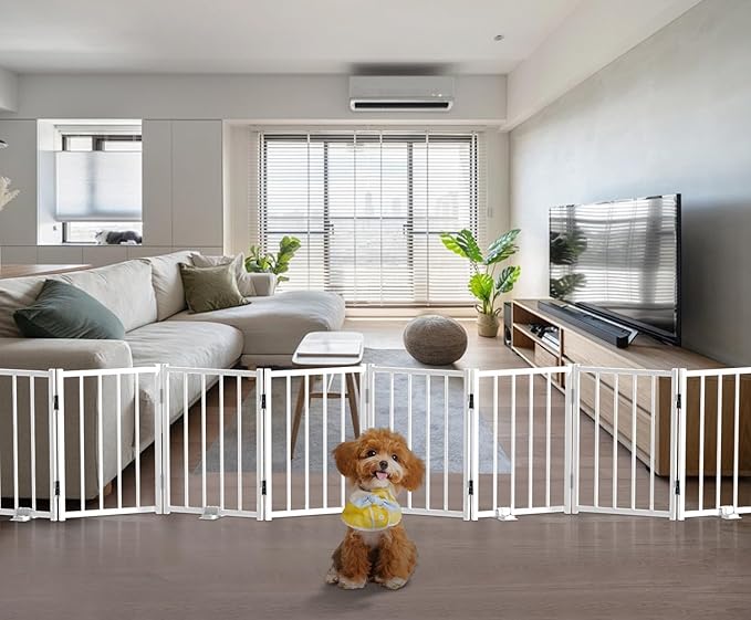 BFNN Free Standing Foldable Dog Gate, 16.5" High Step-Over Metal Short Pet Gate, Up to 96" Wide Puppy Fence for Stairs and Doorways, Indoor & Outdoor Use, No Drilling and No Assembly, White