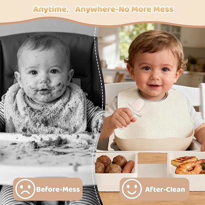 Beige Travel Silicone Foldable Feeding Set, On-the-Go Baby Feeding Supplies Including Toddler Plates, Silicone Baby Spoon&Fork, Adjustable Foldable Bib, Portable Infant Toddler Utensils