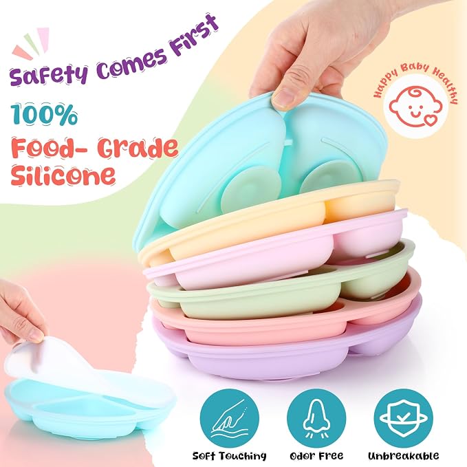 Meanplan 6 Pack Suction Plates for Toddlers with Lids Silicone Baby Plates set Food Grade Silicone Divided Design Microwave and Dishwasher Safe Assorted Colors(Macaron Colors)