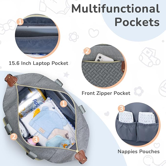 Tenot Diaper Bag Tote with Pacifier Case, Baby Bag for Women with Shoulder Straps, Travel Diaper Tote for for Mom and Dad Grey