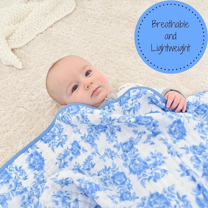 LollyBanks Muslin Baby Blanket, 100% Cotton and 6 Layers Soft Newborn Blanket for Girls, Large 47 x 47 Inches Versatile Crib Blanket, Cozy Muslin Quilt, Baby Essentials, Registry (Blue Peony Print)