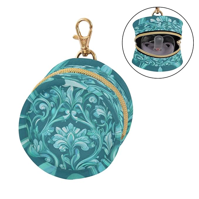 Pacifier Holder with Clip Pacifier Case for Diaper Bag Round Baby Pacifier Pouch Box Bag Portable Teal Floral Damask
