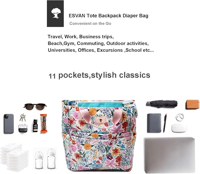 ESVAN Diaper Tote Bag Totepack Backpack Crossbody Bag 3 in 1 for Women Laptop Backpack Multifunctional with Insulated Pockets