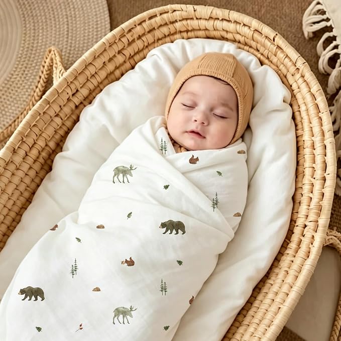 POMISO Muslin Swaddle Blankets for Boys & Girls, Newborn Receiving Blankets, 4 Pack Soft Breathable Baby Swaddles, Large 47x47 Inches, Forest Animals