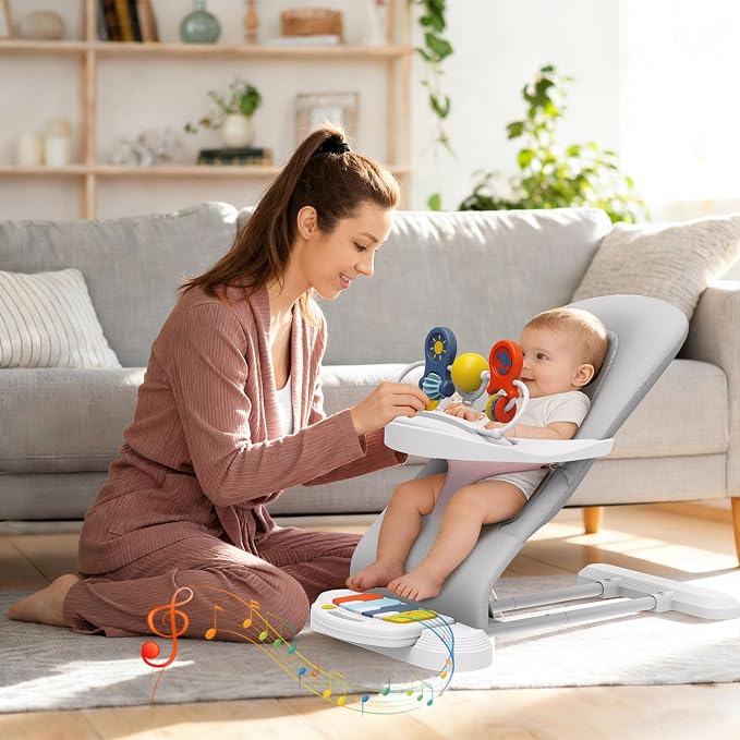 Baby Bouncer Seat, 3-Speed Adjustable Height Baby Bouncer Seat, 4-in-1 Bouncer Seat for Babies 0-6 Months, Detachable Piano Pedals, Feeding Tray