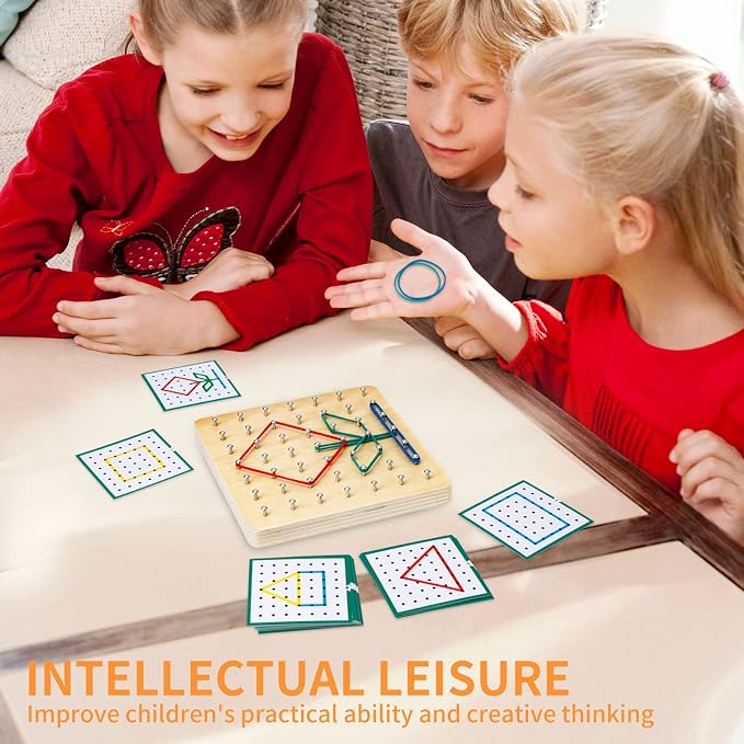 HEELWIRE Wooden Geoboard,Montessori Toy,Graphical Mathematical Education Toy for Kids with Pattern Cards and Rubber Bands to Figures and Shapes, Brain Teaser STEM Toy Geo Board (6 * 6 * 0.6 in)