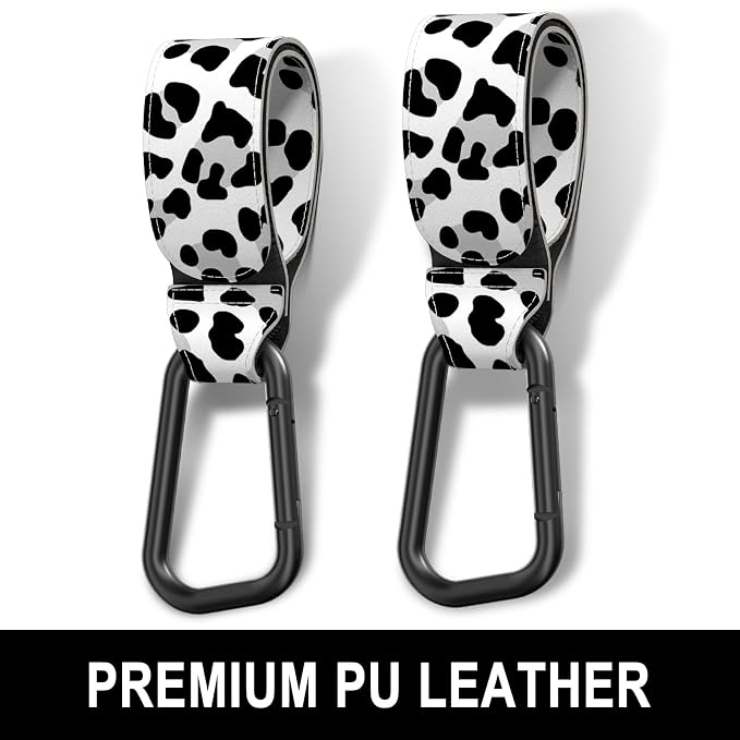 Baby Stroller Hooks for Hanging Bags, Universal Stroller Clips Accessories, Mommy Hook for Diaper Bag, Shopping Cart, Purse, Backpack - 2 Pack, Cow Spots
