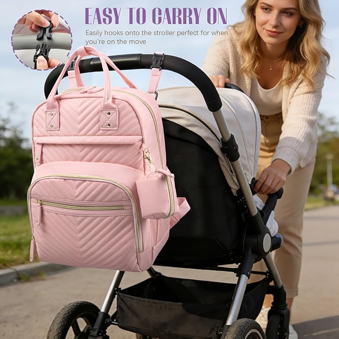 Tuwubi Diaper Bag Backpack with Changing Pad,Baby Essentials, Multi function Waterproof Backpack with Stroller Straps & Pacifier Case Light Pink