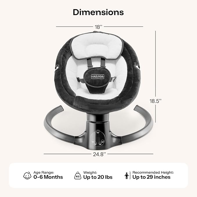 HARPPA Weddell Lite Electric Baby Swing for Infants with Music Speaker, 5 Adjustable Speeds, 5-Point Safety Harness, Timer Function, Compact Design for Indoor & Outdoor Use,Black