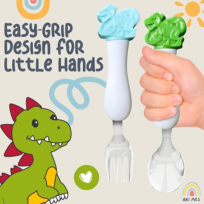 ARI MES - Dinosaur Fork and Spoon Set for Kids, Dinosaur Kids Spoon and Fork Set - Dino Spoons for Toddlers, Dinosaur Utensils for Children, Dinosaur Utensils for Toddlers, Children's Silverware