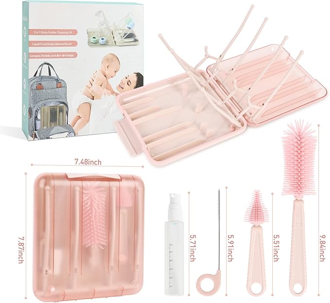 Baby Bottle Brush Set, 6-in-1 Travel Bottle Cleaning Kit with Silicone Bottle Brush, Nipple & Straw Brush, Soap Dispenser, Drying Rack, Storage Box ??Compact Travel Baby Essential for Home & On-The-Go