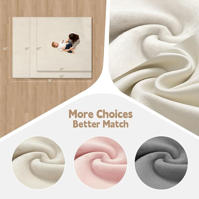 Velvet Baby Play Mat for Floor, 1.3" Thick Elasti-Foam 50"×50" Playpen Mat with Removable & Washable Velvet Cover for Toddler, Infant,Kids, Non-Slip Crawling Mat for Tummy Time (Beige)