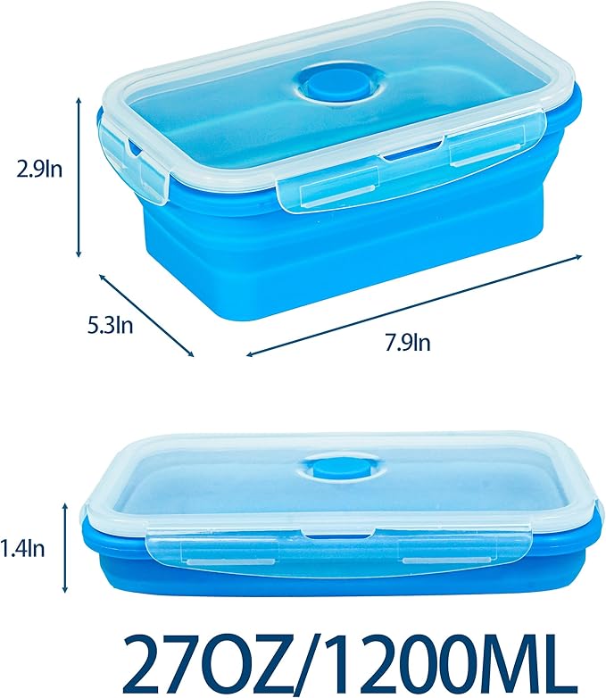 Plus 4PCS Foldable Silicone Food Storage Containers for Kitchen Storage for Leftovers Fruits and Meal Prep Dishwasher Safe Microwave Safe Ideal for Home and Travel (blue, 27OZ)