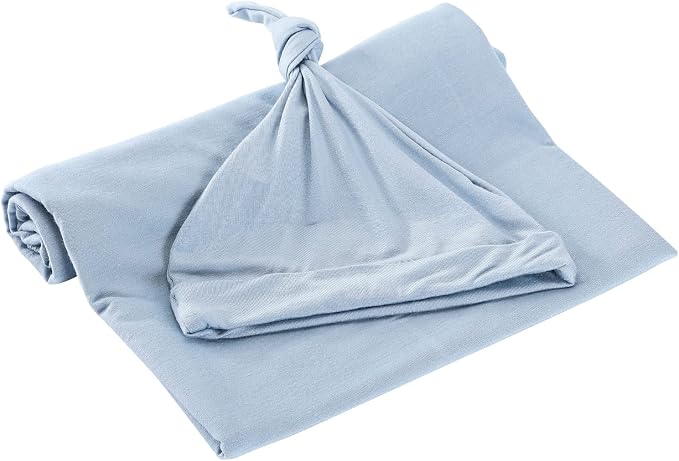 Cotton Knitted Baby Swaddle Blanket with Hat Headband Set Newborn Swaddle Wrap Receiving Blankets for Baby Girl Boy 35" x 35"(Lightblue)