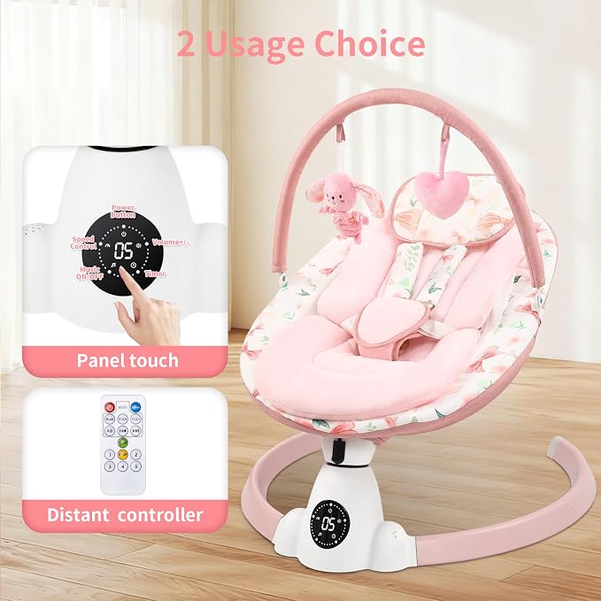 Baby Swing for Infants with 5 Swing Speeds, Portable Electric Baby Swing with Bluetooth, Touch Panel, 5-Point Harness, Indoor & Outdoor Use, Pink
